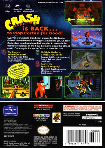Crash Bandicoot: The Wrath of Cortex | GameCube | back cover | region=North America | source-country=Canada,Mexico,Other,United States | zypher-v2 | moby-40d9edd94d67 | Data by MobyGames.com