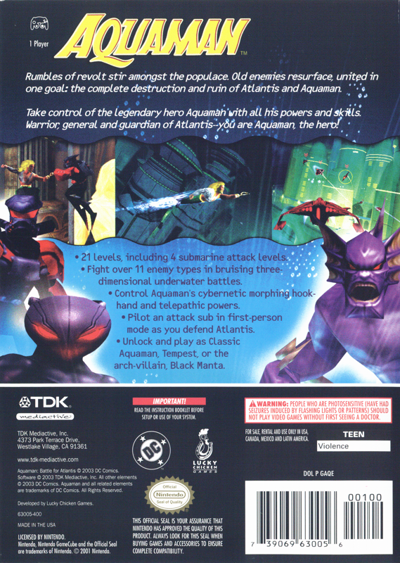 Aquaman: Battle for Atlantis | GameCube | back cover | region=North America | source-country=United States | zypher-v2 | moby-ce669b98d791 | Data by MobyGames.com