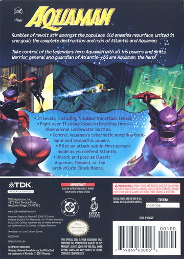 Aquaman: Battle for Atlantis | GameCube | back cover | region=North America | source-country=United States | zypher-v2 | moby-ce669b98d791 | Data by MobyGames.com