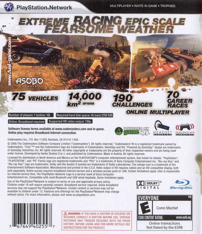 
Fuel | PlayStation 3 | back cover | Region: North America | source-country=Canada,Mexico,United States | Data by MobyGames.com