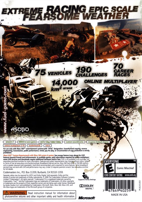 
Fuel | Xbox 360 | back cover | Region: North America | source-country=United States | Data by MobyGames.com