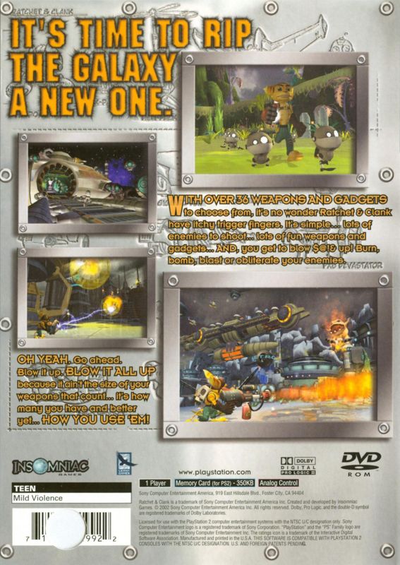
Ratchet & Clank | PlayStation 2 | back cover | Region: North America | source-country=Canada,United States | Data by MobyGames.com