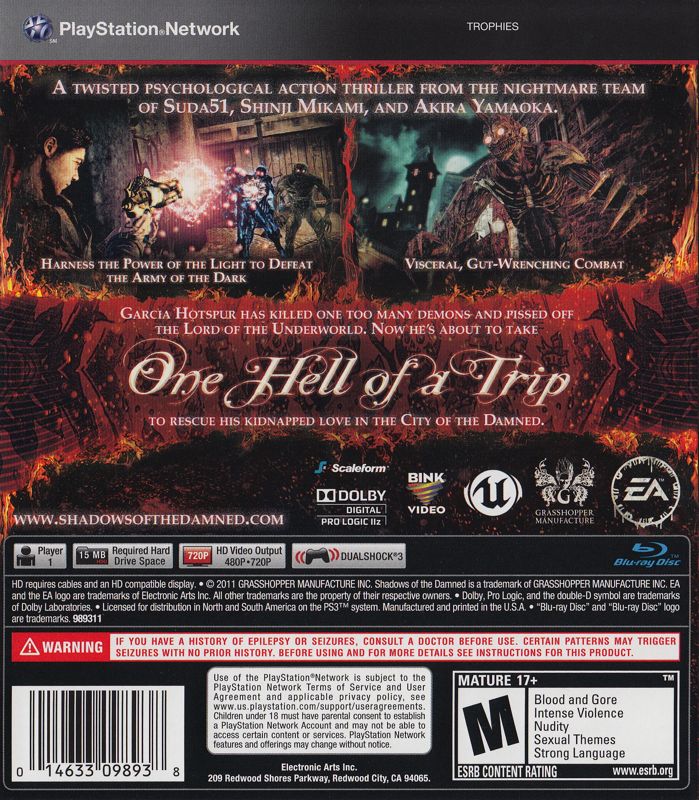 Shadows of the Damned | PlayStation 3 | back cover | Region: North America | source-country=United States | Data by MobyGames.com