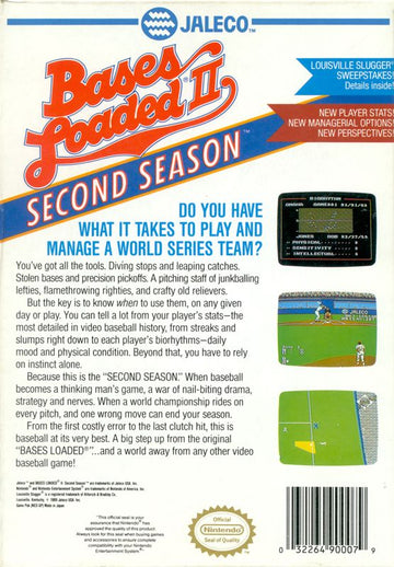 
Bases Loaded II: Second Season | NES | back cover | Data by MobyGames.com
