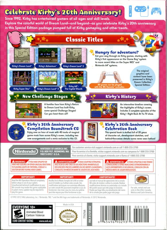 Kirby's Dream Collection: Special Edition | Wii | back cover | region=North America | source-country=United States | zypher-v2 | moby-c9b3238d5c8d | Data by MobyGames.com