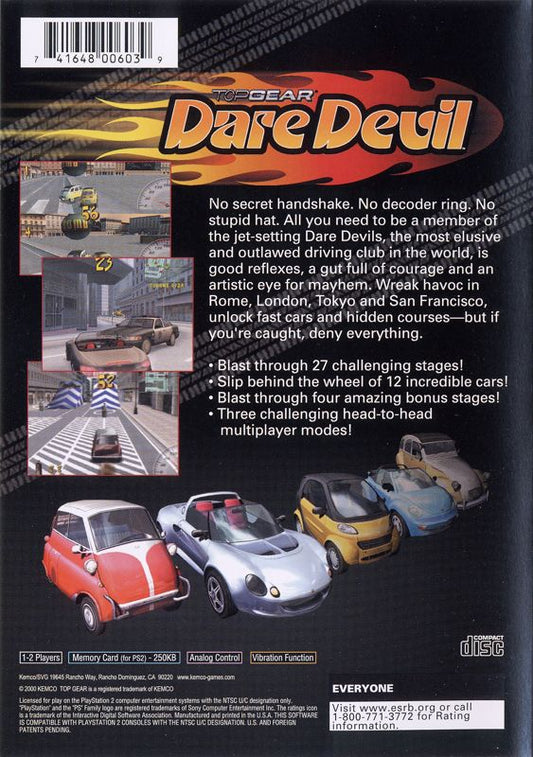 
Top Gear: Dare Devil | PlayStation 2 | back cover | Region: North America | source-country=Canada,United States | Data by MobyGames.com