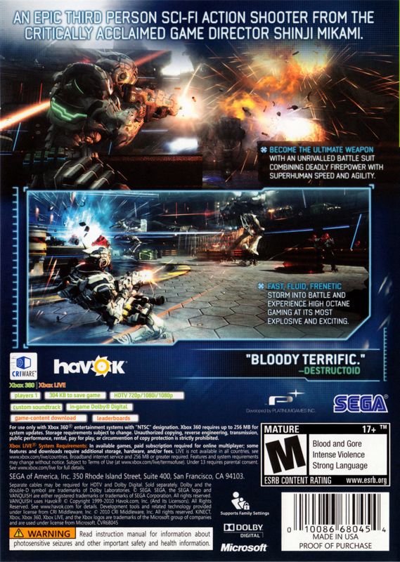 Vanquish | Xbox 360 | back cover | region=North America | source-country=United States | zypher-v2 | moby-6fe414ccd45e | Data by MobyGames.com