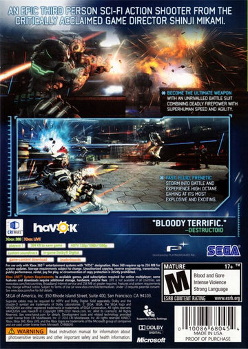 Vanquish | Xbox 360 | back cover | region=North America | source-country=United States | zypher-v2 | moby-6fe414ccd45e | Data by MobyGames.com