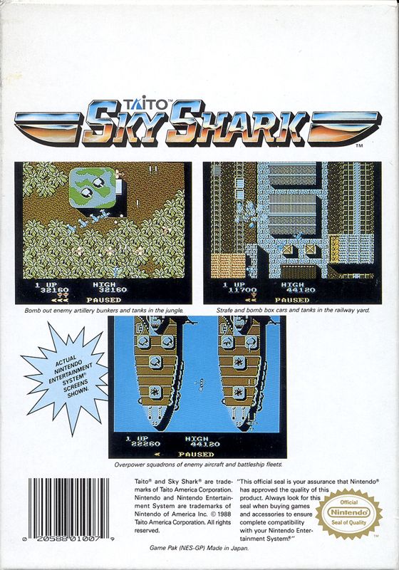 
Sky Shark | NES | back cover | Data by MobyGames.com