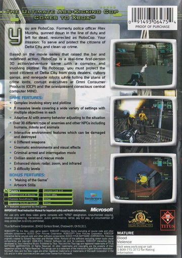 RoboCop | Xbox | back cover | region=North America | source-country=United States | zypher-v2 | moby-51d2f14a219b | Data by MobyGames.com