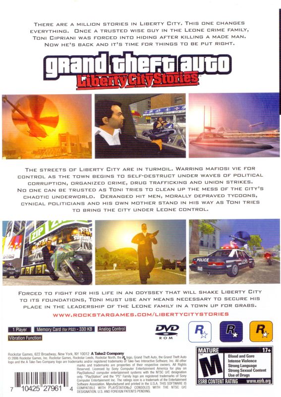 Grand Theft Auto: Liberty City Stories | PlayStation 2 | back cover | region=North America | source-country=United States | zypher-v2 | moby-3ca45b390046 | Data by MobyGames.com