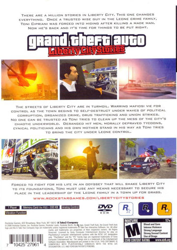 Grand Theft Auto: Liberty City Stories | PlayStation 2 | back cover | region=North America | source-country=United States | zypher-v2 | moby-3ca45b390046 | Data by MobyGames.com