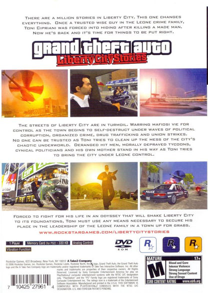 Grand Theft Auto: Liberty City Stories | PlayStation 2 | back cover | region=North America | source-country=United States | zypher-v2 | moby-3ca45b390046 | Data by MobyGames.com