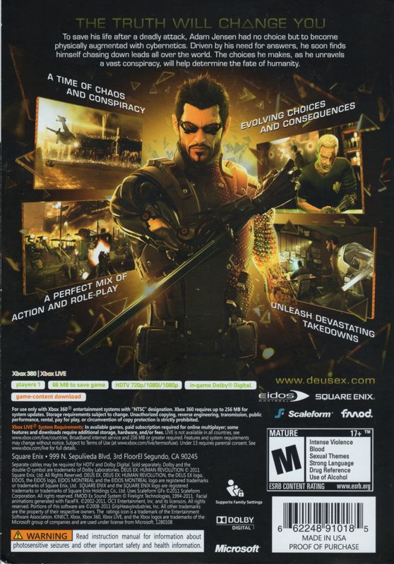 
Deus Ex: Human Revolution | Xbox 360 | back cover | Data by MobyGames.com