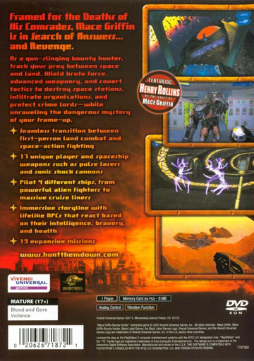 
Mace Griffin: Bounty Hunter | PlayStation 2 | back cover | Region: North America | source-country=Canada,United States | Data by MobyGames.com