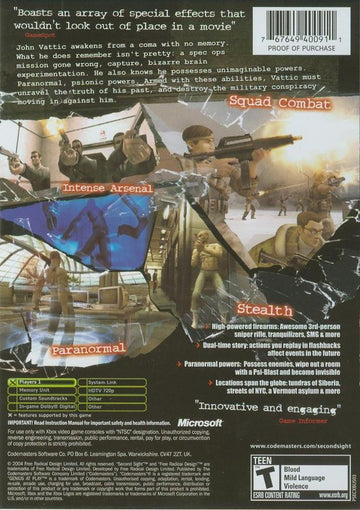 
Second Sight | Xbox | back cover | Data by MobyGames.com