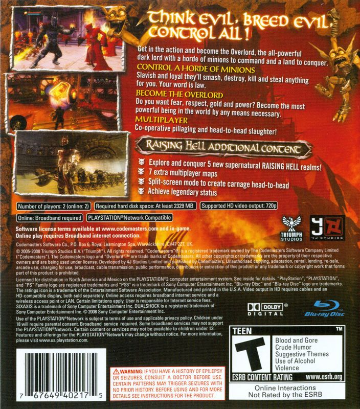 Overlord: Raising Hell | PlayStation 3 | back cover | region=North America | source-country=Canada,United States | zypher-v2 | moby-495ee7589866 | Data by MobyGames.com