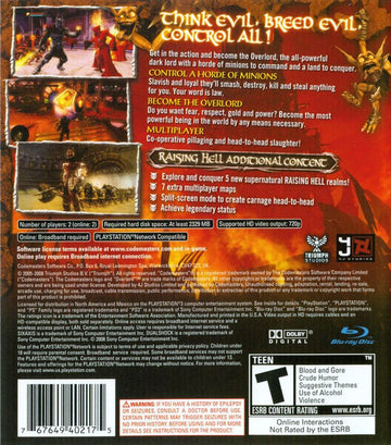 Overlord: Raising Hell | PlayStation 3 | back cover | region=North America | source-country=Canada,United States | zypher-v2 | moby-495ee7589866 | Data by MobyGames.com