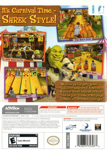 Shrek's Carnival Craze Party Games | Wii | back cover | region=North America | source-country=United States | zypher-v2 | moby-95a2612027ad | Data by MobyGames.com
