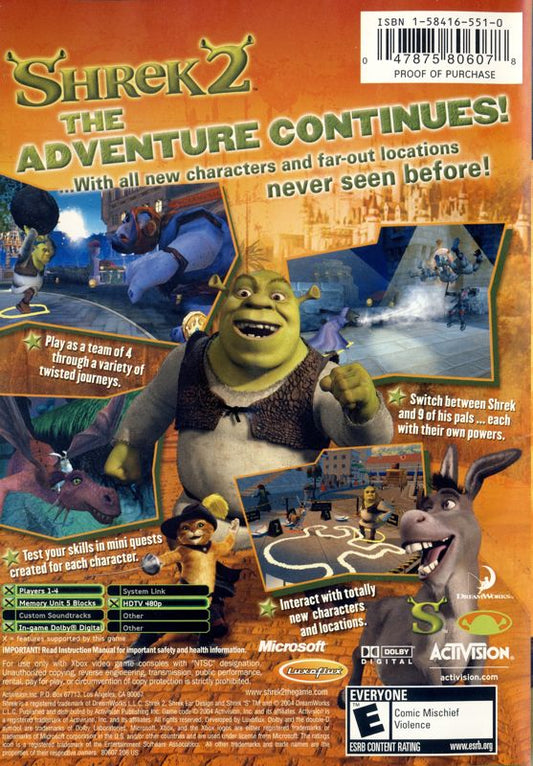 
Shrek 2 | Xbox | back cover | Region: North America | source-country=United States | Data by MobyGames.com