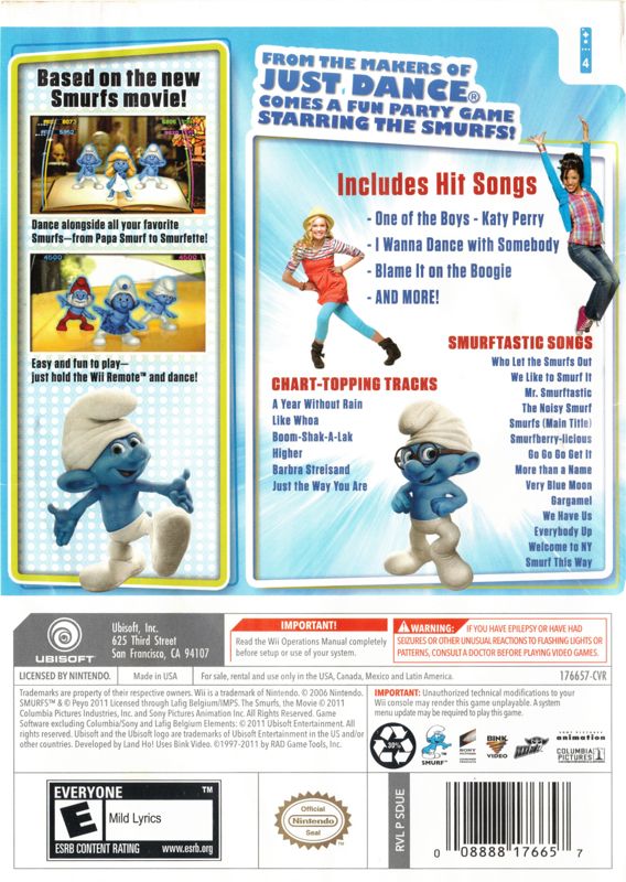 The Smurfs: Dance Party | Wii | back cover | region=North America | source-country=United States | zypher-v2 | moby-446fa0a13374 | Data by MobyGames.com