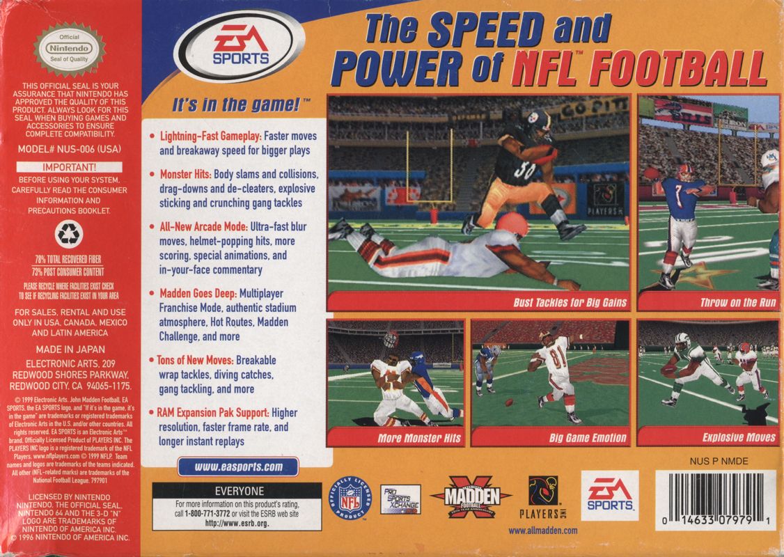 Madden NFL 2000 | Nintendo 64 | back cover | region=North America | source-country=United States | zypher-v2 | moby-9c1a54c65ac2 | Data by MobyGames.com