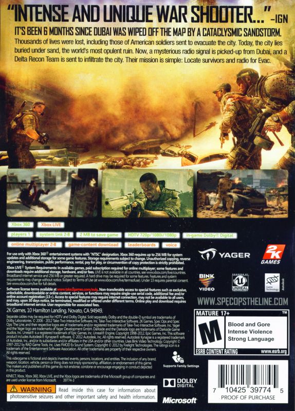 Spec Ops: The Line | Xbox 360 | back cover | Data by MobyGames.com