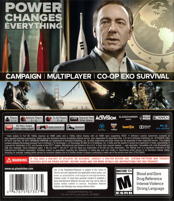 
Call of Duty: Advanced Warfare | PlayStation 3 | back cover | Region: North America | source-country=United States | Data by MobyGames.com