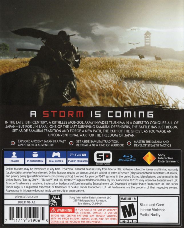 
Ghost of Tsushima | PlayStation 4 | back cover | Data by MobyGames.com