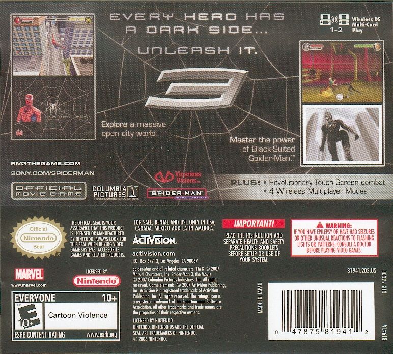 Spider-Man 3 | Nintendo DS | back cover | region=North America | source-country=Canada,Mexico,United States | zypher-v2 | moby-ebe905797ccd | Data by MobyGames.com