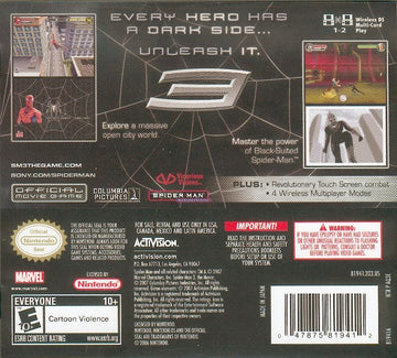 Spider-Man 3 | Nintendo DS | back cover | region=North America | source-country=Canada,Mexico,United States | zypher-v2 | moby-ebe905797ccd | Data by MobyGames.com