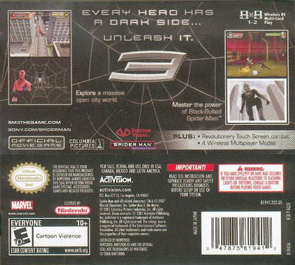 Spider-Man 3 | Nintendo DS | back cover | region=North America | source-country=Canada,Mexico,United States | zypher-v2 | moby-ebe905797ccd | Data by MobyGames.com