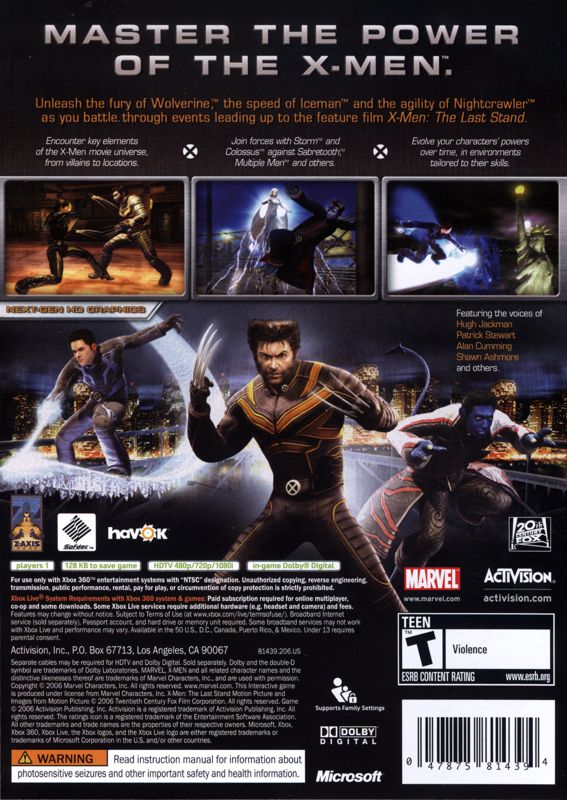 X-Men: The Official Game | Xbox 360 | back cover | region=North America | source-country=United States | zypher-v2 | moby-96f0da098c5f | Data by MobyGames.com