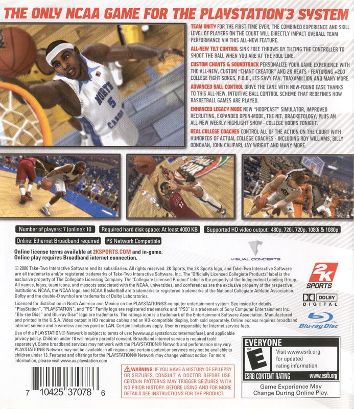 
College Hoops NCAA 2K7 | PlayStation 3 | back cover | Data by MobyGames.com