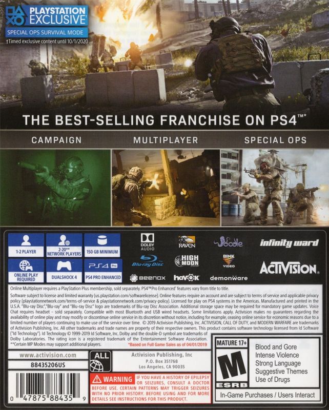 Call of Duty: Modern Warfare | PlayStation 4 | back cover | region=North America | source-country=United States | zypher-v2 | moby-c88448cefae2 | Data by MobyGames.com