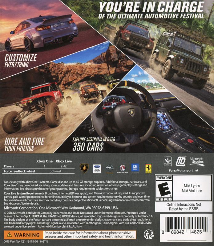 Forza Horizon 3 | Xbox One | back cover | region=North America | source-country=United States | zypher-v2 | moby-253c5648e127 | Data by MobyGames.com