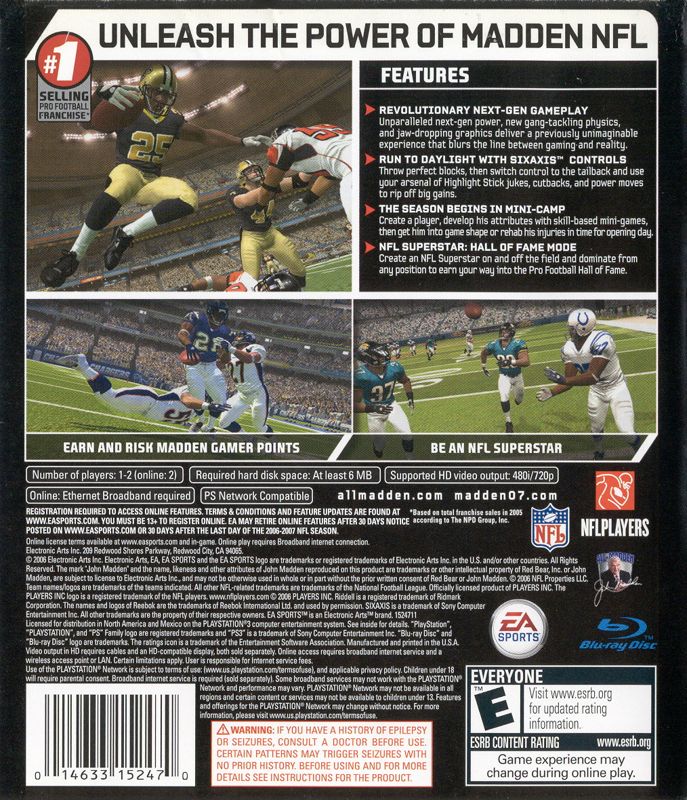 Madden NFL 07 | PlayStation 3 | back cover | region=North America | source-country=Canada,Mexico,United States | zypher-v2 | moby-777f7b183b22 | Data by MobyGames.com