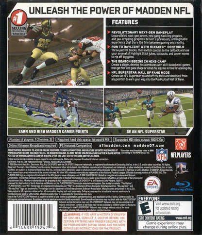 Madden NFL 07 | PlayStation 3 | back cover | region=North America | source-country=Canada,Mexico,United States | zypher-v2 | moby-777f7b183b22 | Data by MobyGames.com