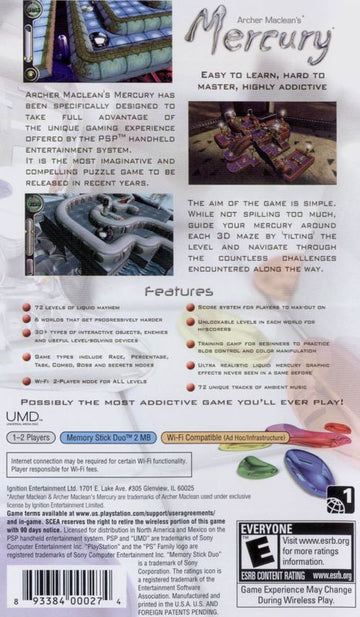 Archer Maclean's Mercury | PSP | back cover | region=North America | source-country=United States | zypher-v2 | moby-83d5207fc244 | Data by MobyGames.com