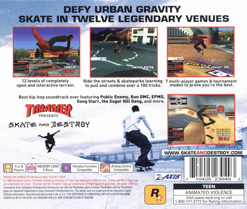 
Thrasher Presents: Skate and Destroy | PlayStation | back cover | Data by MobyGames.com