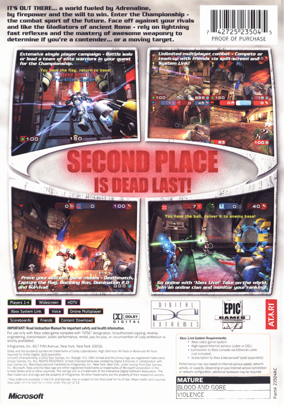 
Unreal Championship | Xbox | back cover | Data by MobyGames.com