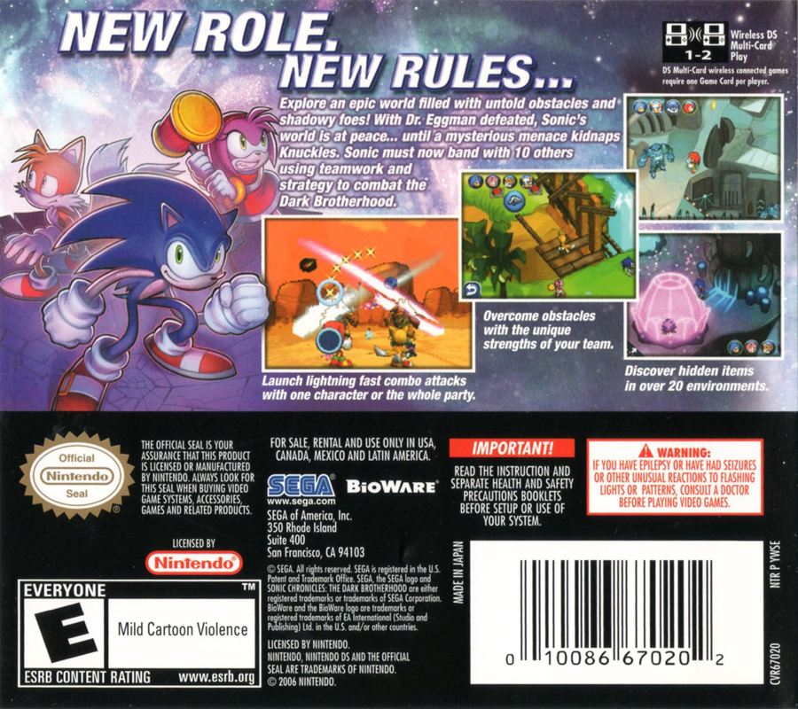 Sonic Chronicles: The Dark Brotherhood | Nintendo DS | back cover | region=North America | source-country=United States | zypher-v2 | moby-c83187e5e359 | Data by MobyGames.com
