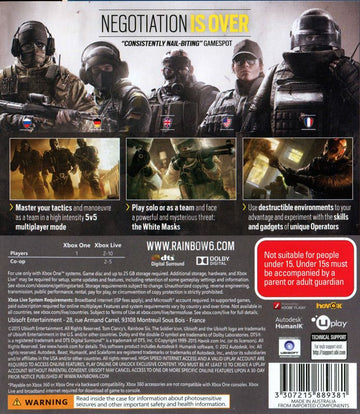 
Tom Clancy's Rainbow Six: Siege | Xbox One | back cover | Region: PAL | source-country=Australia | Data by MobyGames.com