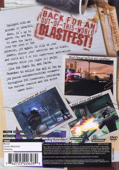 Men in Black II: Alien Escape | PlayStation 2 | back cover | region=North America | source-country=Canada,United States | zypher-v2 | moby-e4139cd42021 | Data by MobyGames.com
