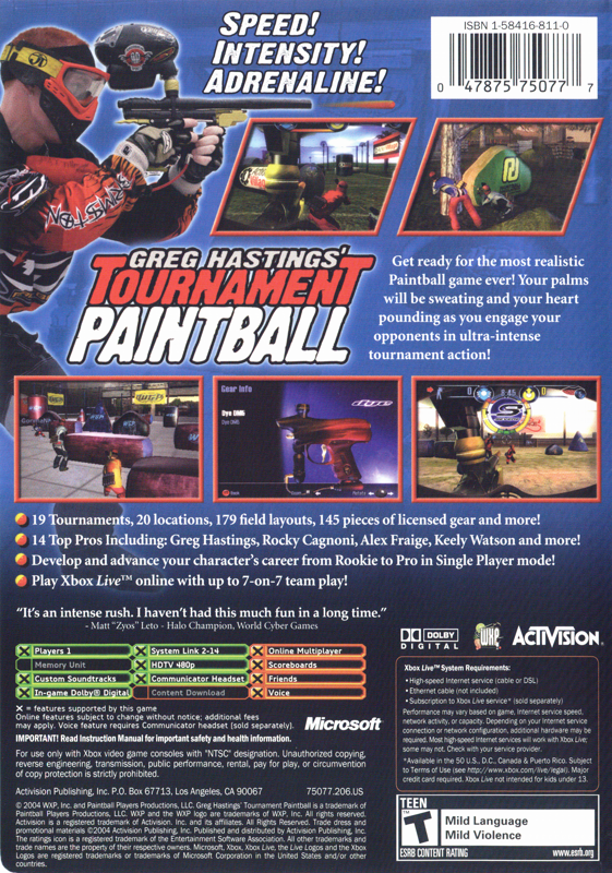 
Greg Hastings' Tournament Paintball | Xbox | back cover | Data by MobyGames.com