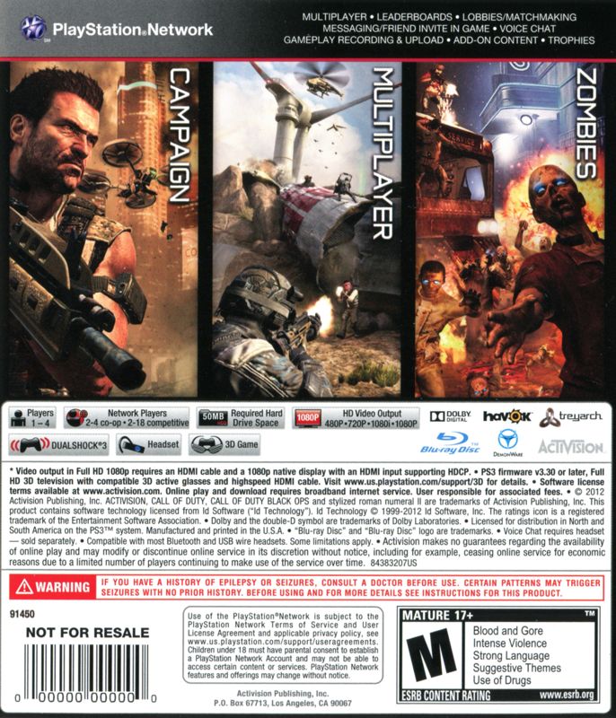 Call of Duty: Black Ops II | PlayStation 3 | back cover | region=North America | source-country=United States | zypher-v2 | moby-0892acc4223f | Data by MobyGames.com