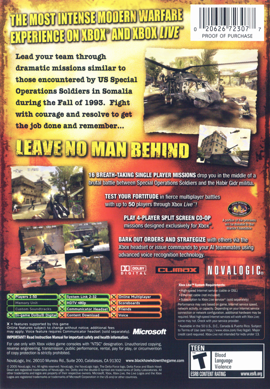 
Delta Force: Black Hawk Down | Xbox | back cover | Data by MobyGames.com