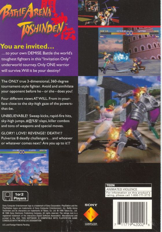 Battle Arena Toshinden | PlayStation | back cover | Region: North America | source-country=United States | Data by MobyGames.com