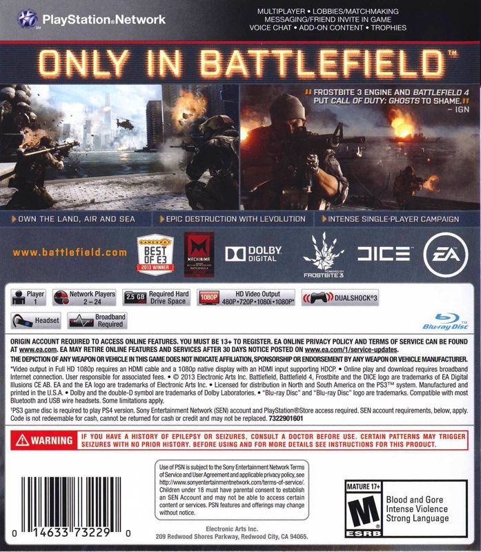 
Battlefield 4 | PlayStation 3 | back cover | Region: North America | source-country=United States | Data by MobyGames.com