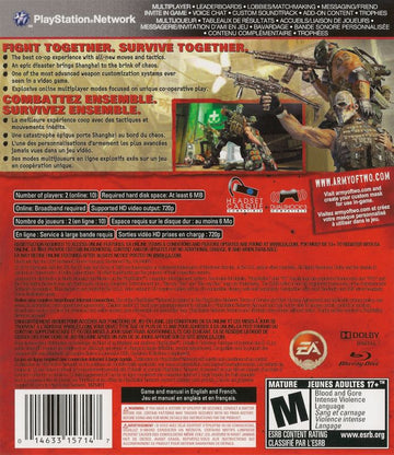 Army of Two: The 40th Day | PlayStation 3 | back cover | region=North America | source-country=Canada,United States | zypher-v2 | moby-f9d87a445700 | Data by MobyGames.com